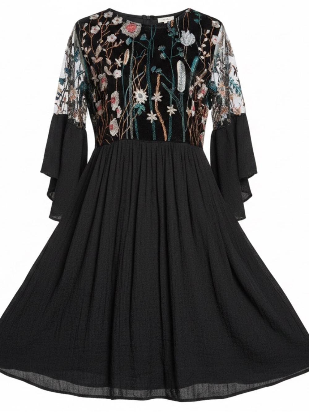 Embroidered Black Babydoll Dress Wide Flutter Sleeve Floral Sheer Fairy Size S